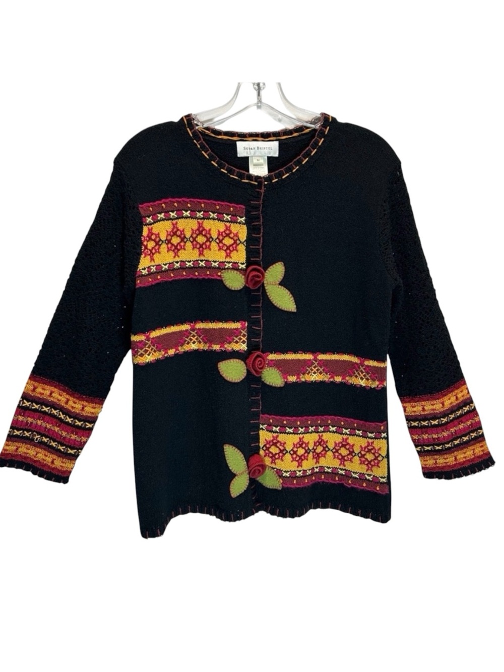 VTG Susan Bristol Black, Red, Gold Embroidered Cardigan w/ 3D Rosebuds - Medium